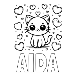 Online izdelana pobarvanka - Pobarvanka imena AIDA in pobarvanka ljubke mucke obdane z veliko srčki