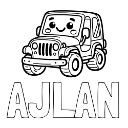 Online izdelana pobarvanka - Pobarvanka imena AJLAN in otroška pobarvanka ljubkega džipa