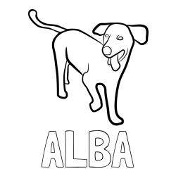 Online izdelana pobarvanka - Pobarvanka imena ALBA in pobarvanka prikupnega, a nekoliko utrujenega kužka