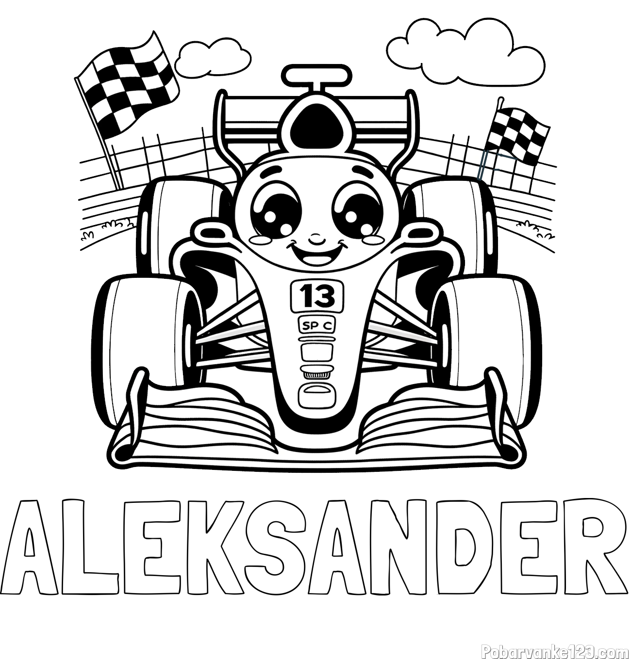 Pobarvanka imena ALEKSANDER in otroška pobarvanka FORMULA 1