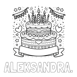 Online izdelana pobarvanka - Pobarvanka imena ALEKSANDRA. in pobarvanka velike torte za rojstni dan