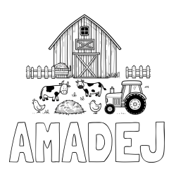 Online izdelana pobarvanka - Pobarvanka imena AMADEJ in otroška pobarvanka velikega senika, krav in traktorja