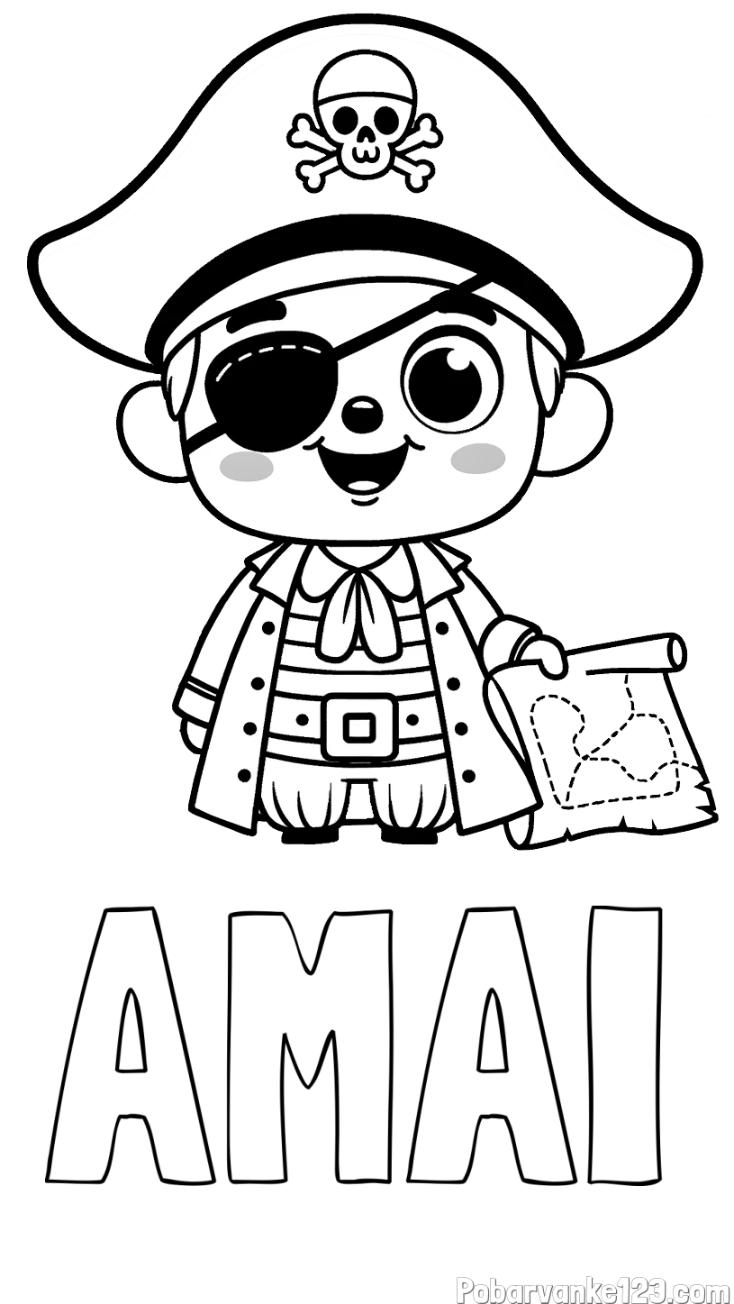 Pobarvanka imena AMAI in otroška pobarvanka ljubkega gusarja z zemljevidom
