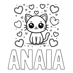 Online izdelana pobarvanka - Pobarvanka imena ANAIA in pobarvanka ljubke mucke obdane z veliko srčki