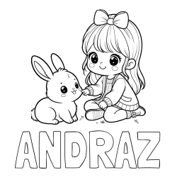 Online izdelana pobarvanka - Pobarvanka imena ANDRAŽ in pobarvanka ljubke punčke, ki se igra z zajčkom