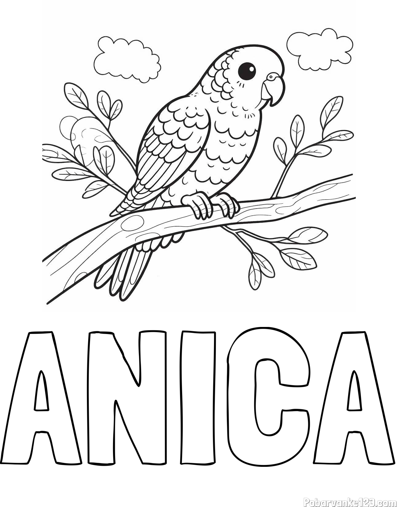 Pobarvanka imena ANICA in pobarvanka ljubkega kanarčka na veji