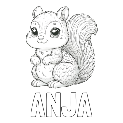 Online izdelana pobarvanka - Pobarvanka imena ANJA in pobarvanka ljubke in nasmejane veverice