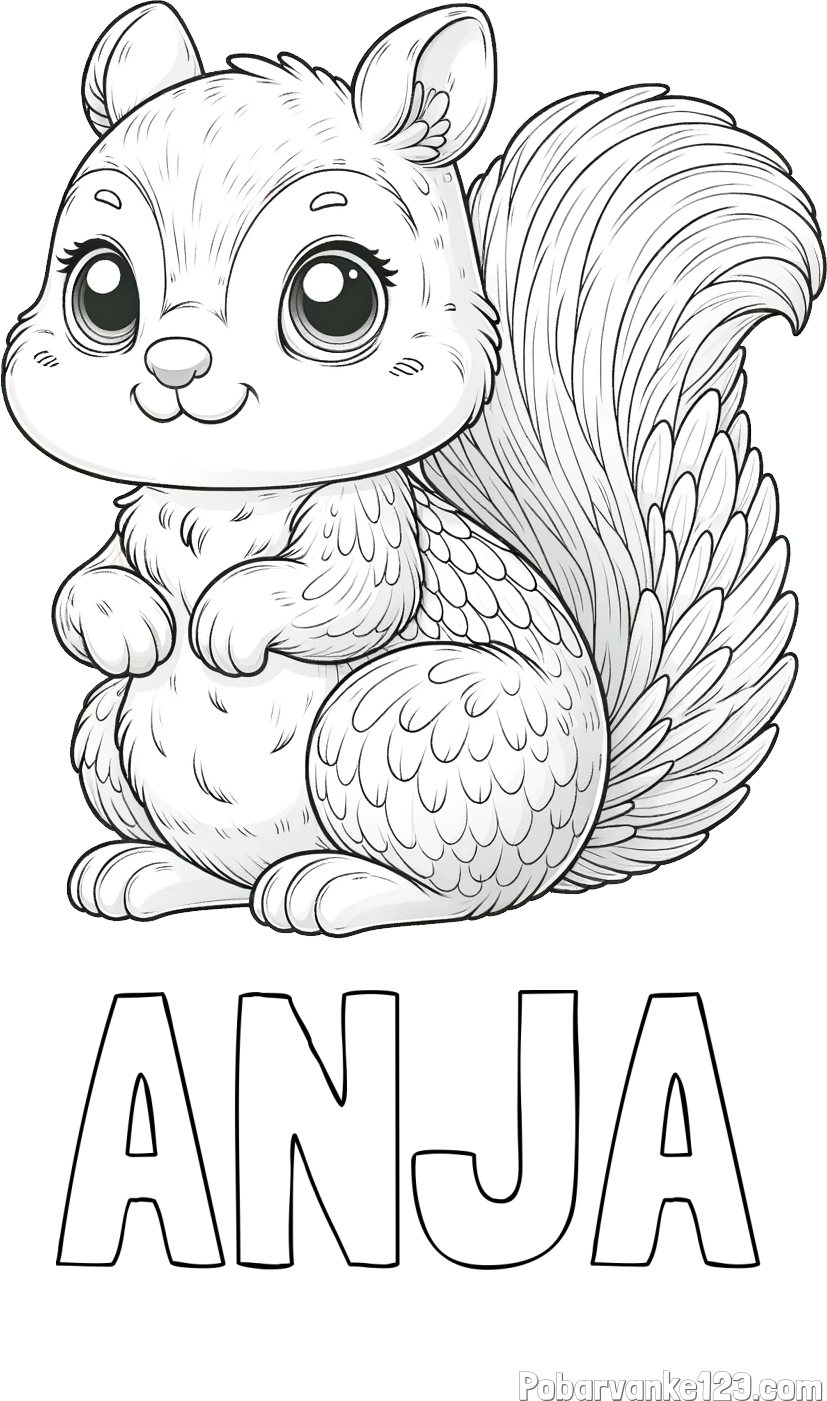 Pobarvanka imena ANJA in pobarvanka ljubke in nasmejane veverice