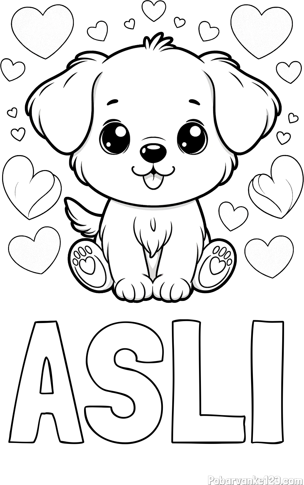 Pobarvanka imena ASLI in pobarvanka ljubkega kužka obdanega s srčki