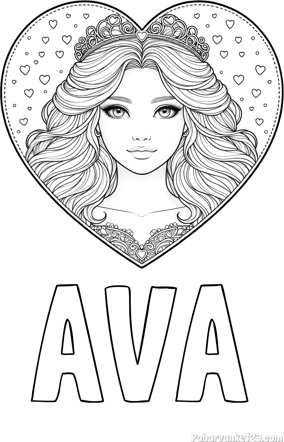 Pobarvanka imena AVA in pobarvanka ljubke princese v srčku