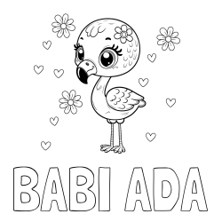 Online izdelana pobarvanka - Pobarvanka imena BABI ADA in pobarvanka mladička flaminga z rožicami in srčki