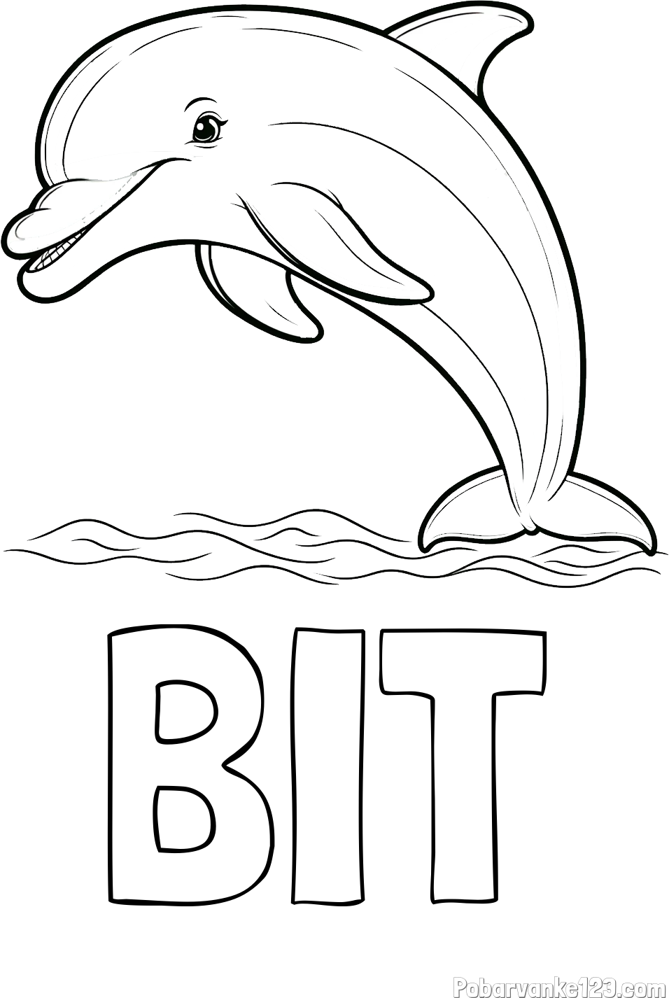 Pobarvanka imena BIT in otroška pobarvanka nasmejanega delfina v skoku
