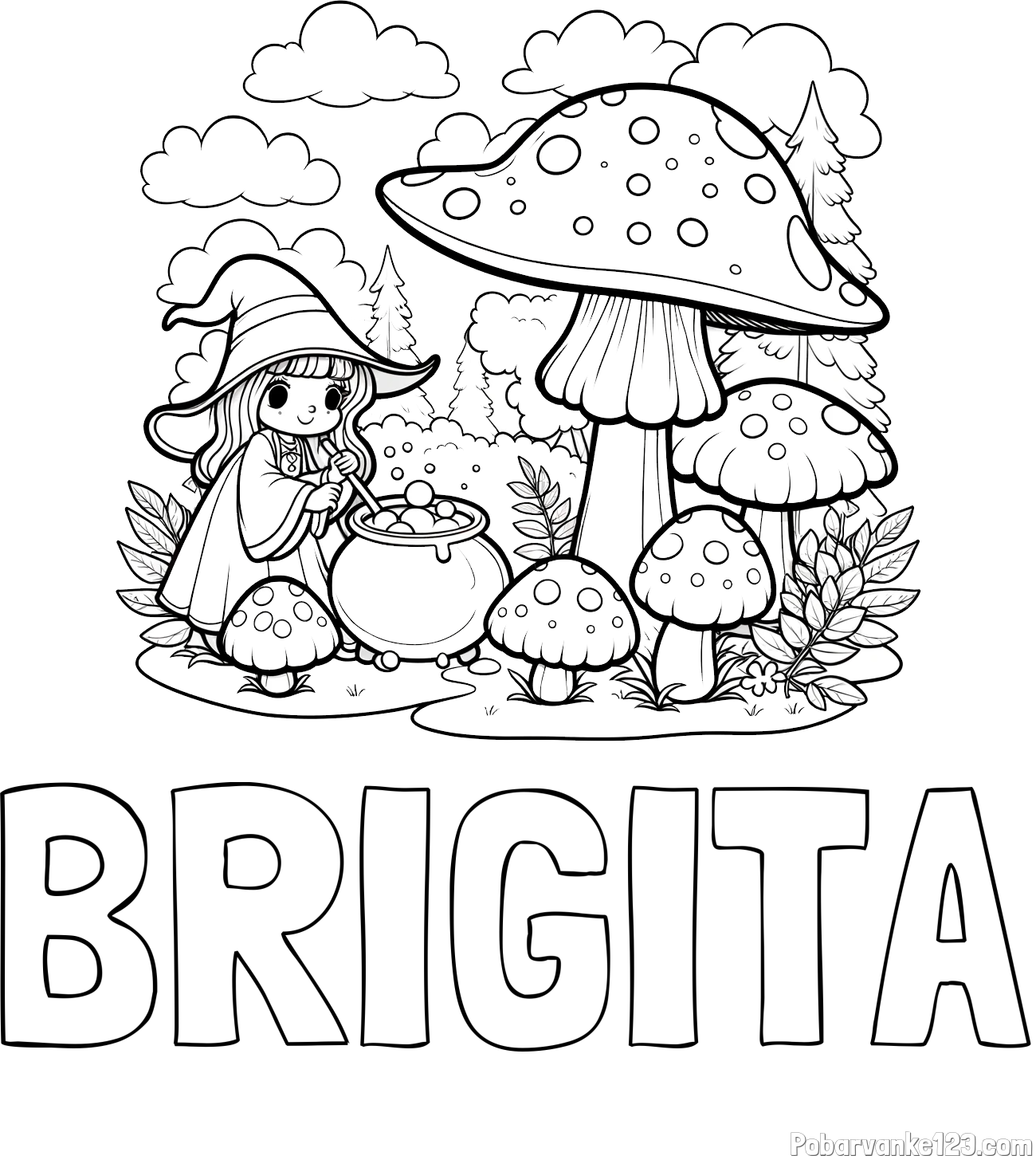 Pobarvanka imena BRIGITA in pobarvanka čarovnice med gobami