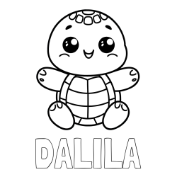 Online izdelana pobarvanka - Pobarvanka imena DALILA in otroška pobarvanka ljubke in nasmejane želvice
