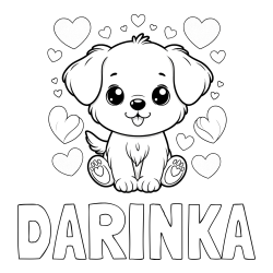 Online izdelana pobarvanka - Pobarvanka imena DARINKA in pobarvanka ljubkega kužka obdanega s srčki