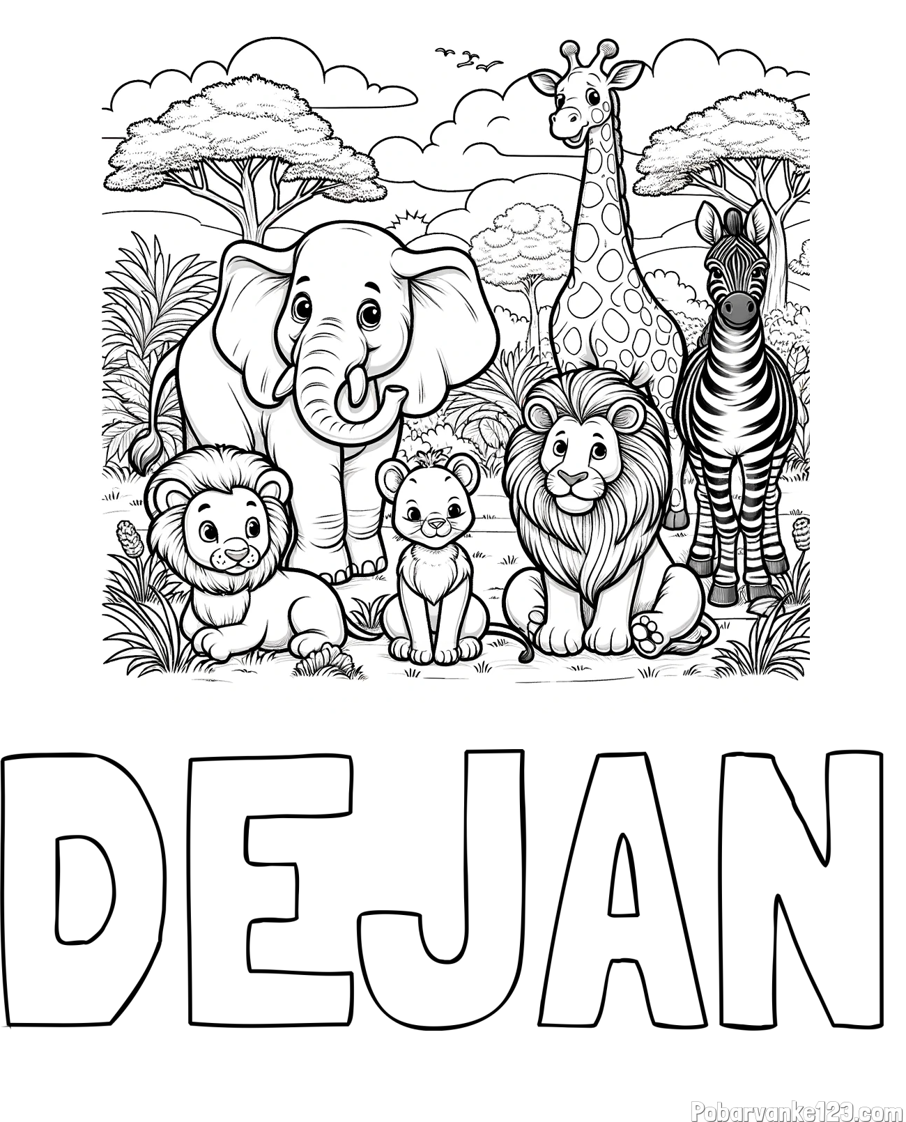 Pobarvanka imena DEJAN in pobarvanka ljubkih živali