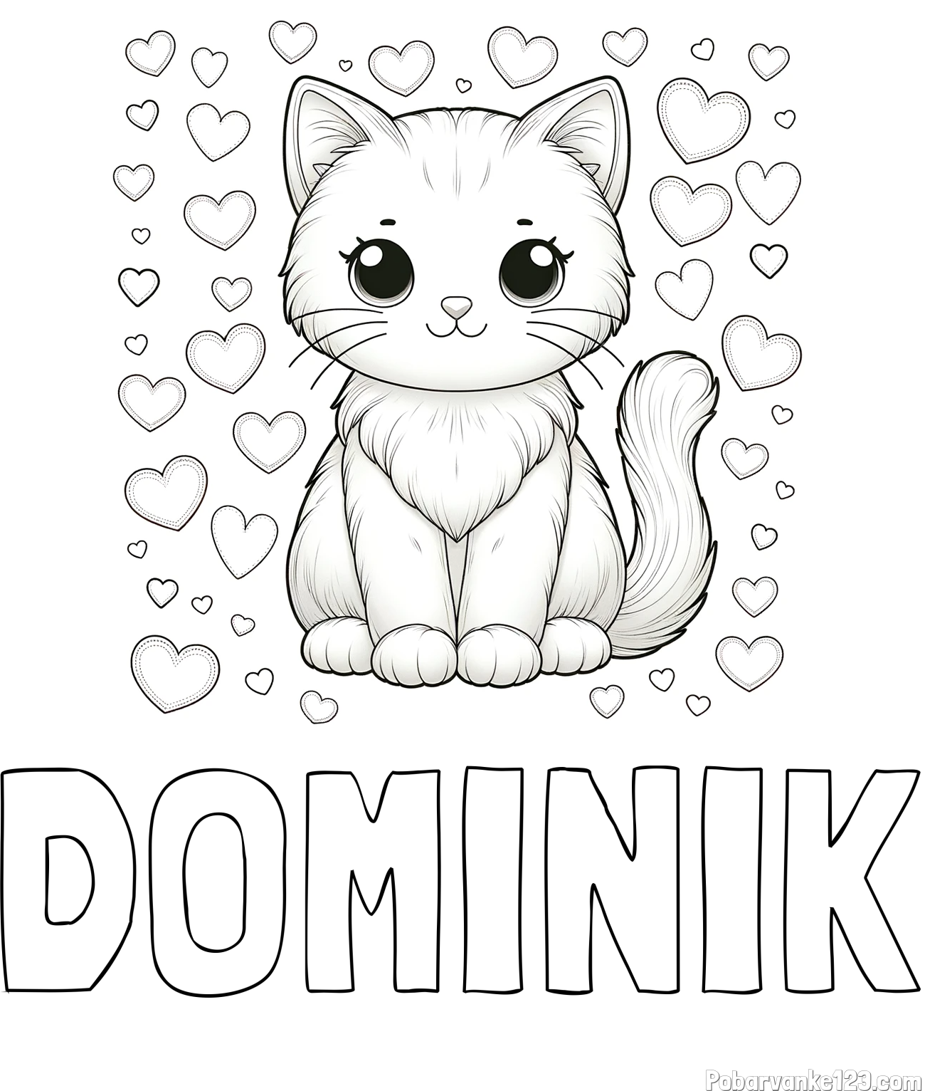 Pobarvanka imena DOMINIK in pobarvanka ljubke mucke obdane s srčki