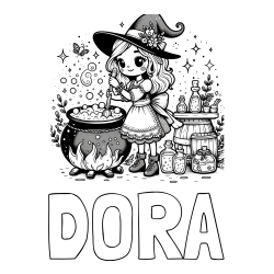 Online izdelana pobarvanka - Pobarvanka imena DORA in pobarvanka prikupna čarovnica, ki pripravlja čarobni napoj