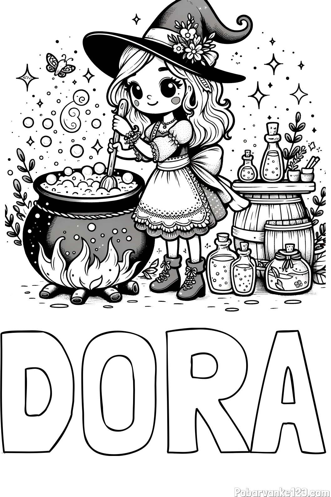Pobarvanka imena DORA in pobarvanka prikupna čarovnica, ki pripravlja čarobni napoj