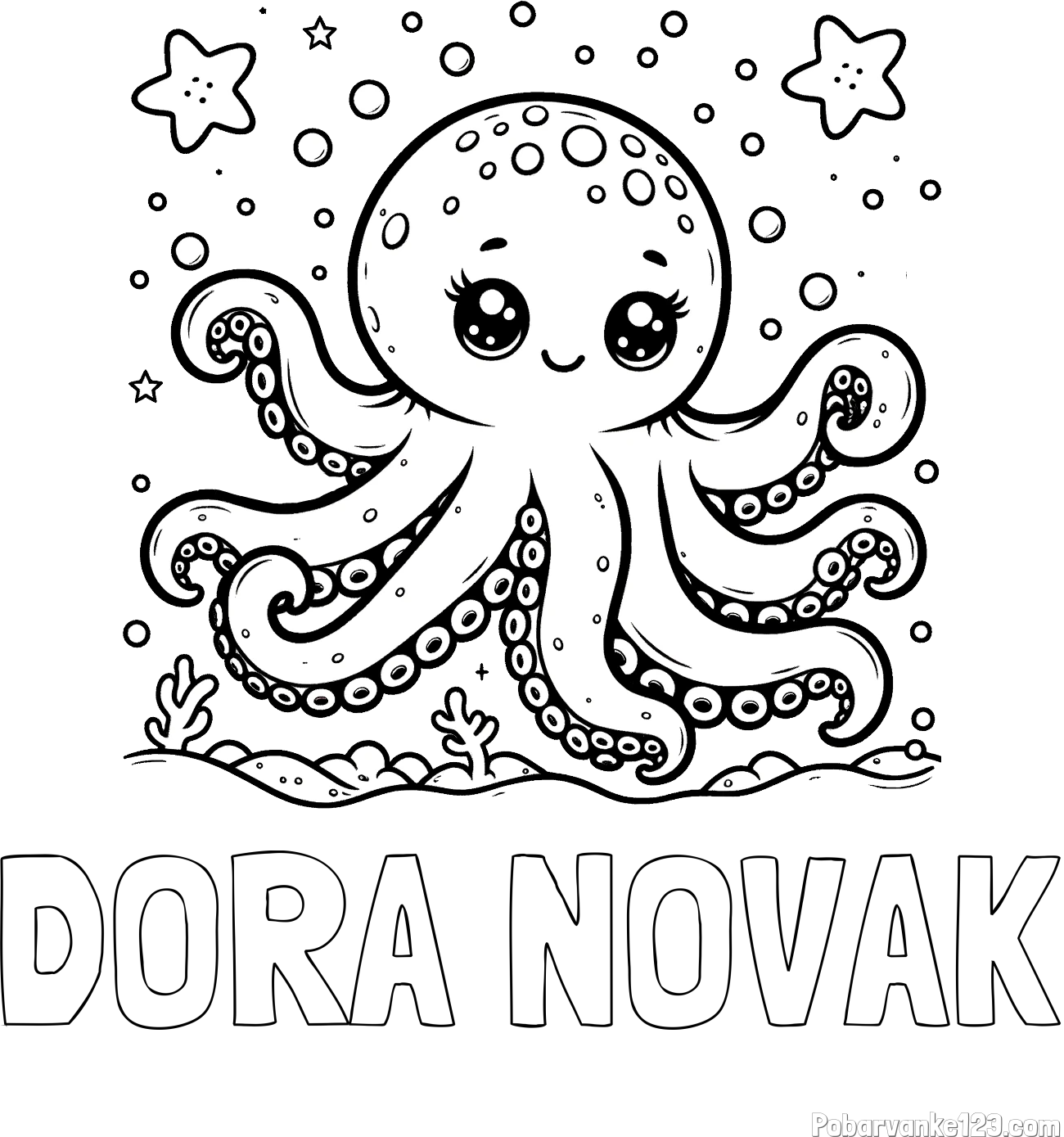 Pobarvanka imena DORA NOVAK in pobarvanka hobotnice v morju obdane z morskimi zvezdami