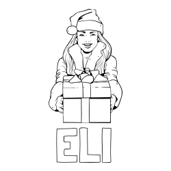 Online izdelana pobarvanka - Pobarvanka imena ELI in pobarvanka ženske oblečene v Božička z darilom