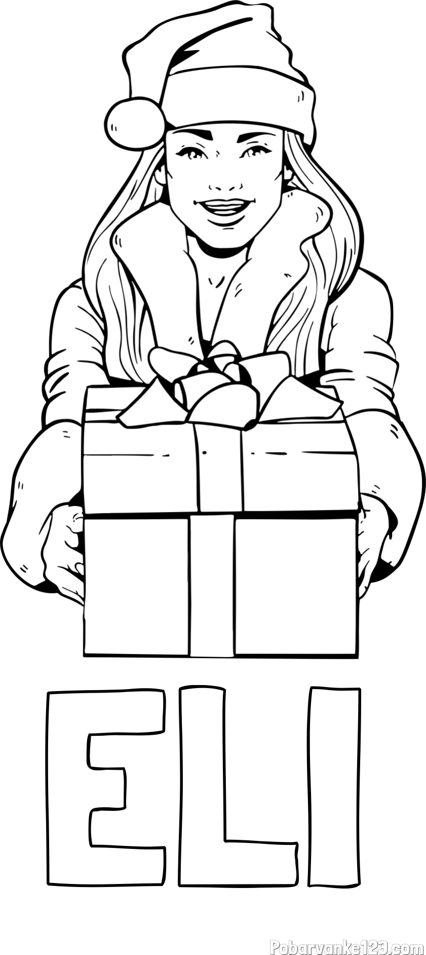 Pobarvanka imena ELI in pobarvanka ženske oblečene v Božička z darilom