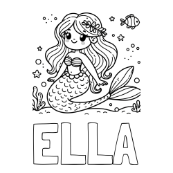 Online izdelana pobarvanka - Pobarvanka imena ELLA in pobarvanka ljubke morske deklice v morju