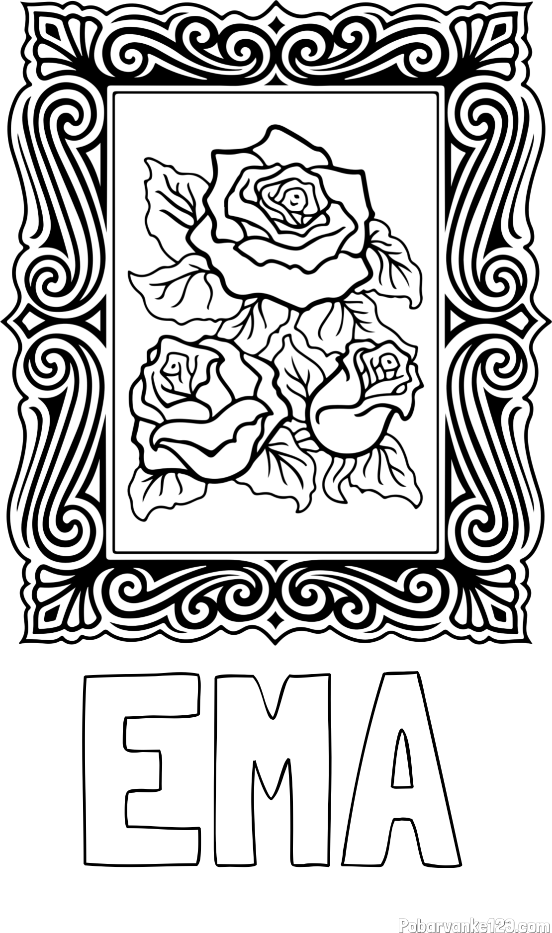 Pobarvanka imena EMA in pobarvanka  uokvirjene slike vrtnic