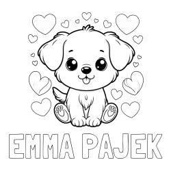 Online izdelana pobarvanka - Pobarvanka imena EMMA PAJEK in pobarvanka ljubkega kužka obdanega s srčki