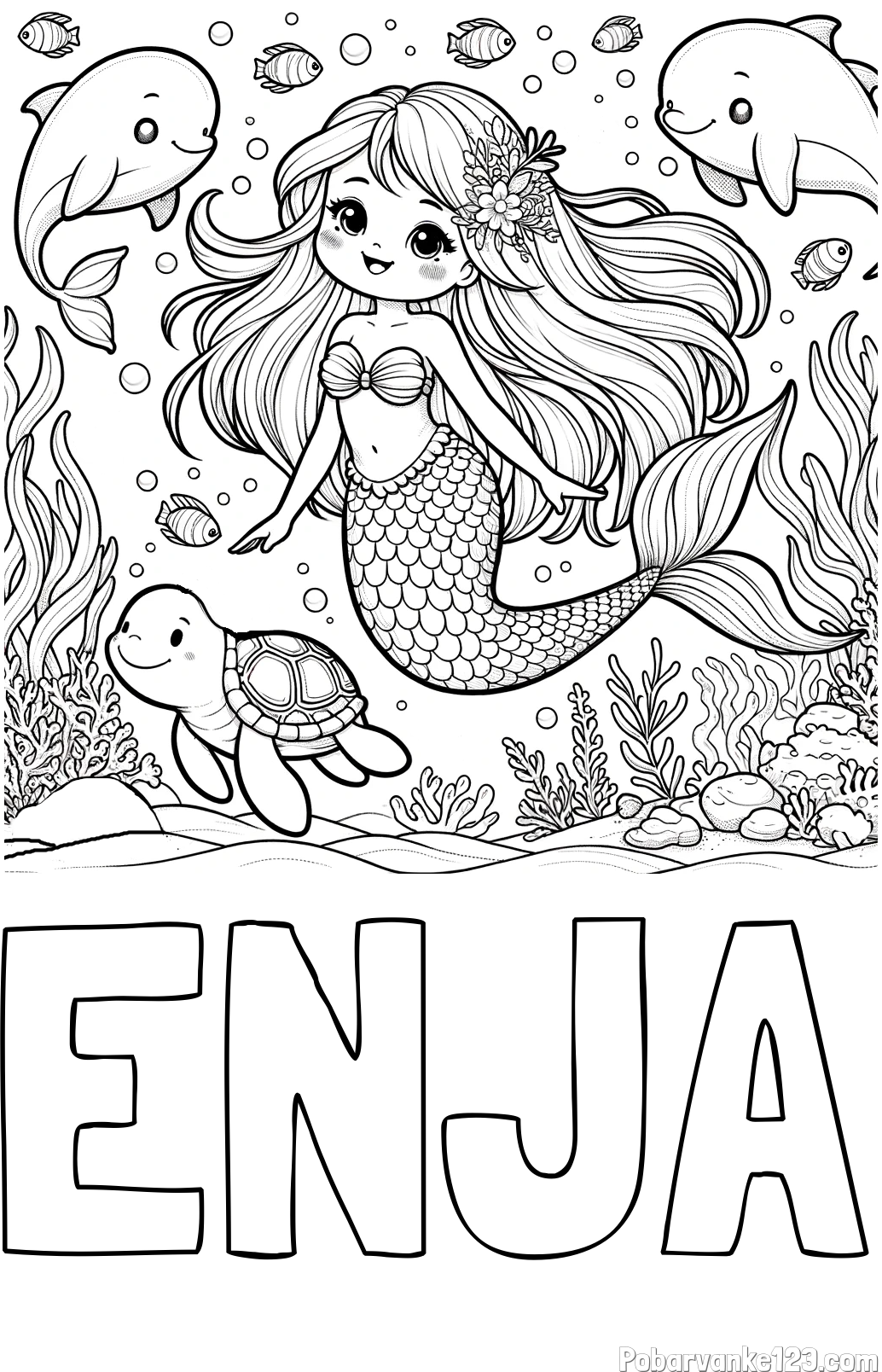 Pobarvanka imena ENJA in pobarvana ljubke morske deklice s prijatelji