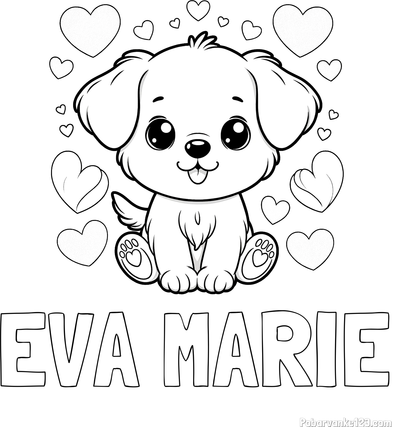 Pobarvanka imena EVA MARIE in pobarvanka ljubkega kužka obdanega s srčki