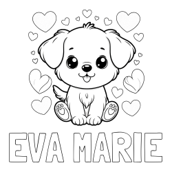 Online izdelana pobarvanka - Pobarvanka imena EVA MARIE in pobarvanka ljubkega kužka obdanega s srčki