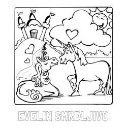 Online izdelana pobarvanka - Pobarvanka imena EVELIN SMRDLJIVC in pobarvanka zaljubljenih samorogov