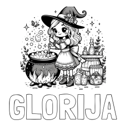 Online izdelana pobarvanka - Pobarvanka imena GLORIJA in pobarvanka prikupna čarovnica, ki pripravlja čarobni napoj