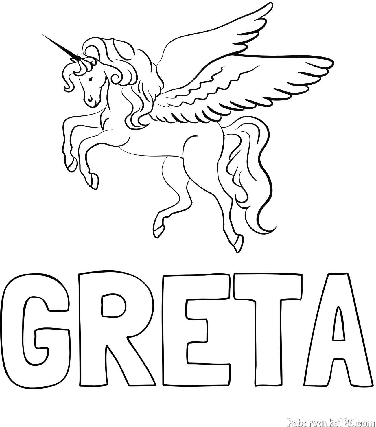 Pobarvanka imena GRETA in lepa pobarvanka samoroga