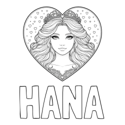 Online izdelana pobarvanka - Pobarvanka imena HANA in pobarvanka ljubke princese v srčku