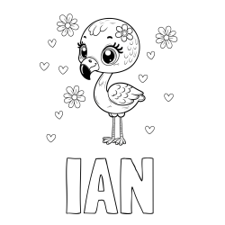 Online izdelana pobarvanka - Pobarvanka imena IAN in pobarvanka mladička flaminga z rožicami in srčki