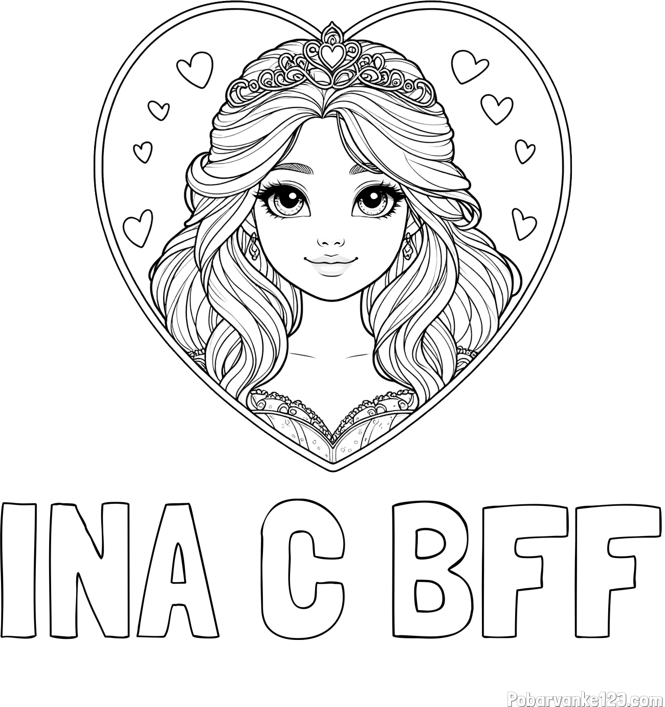 Pobarvanka imena INA C BFF in pobarvanka princeske ter srčkov