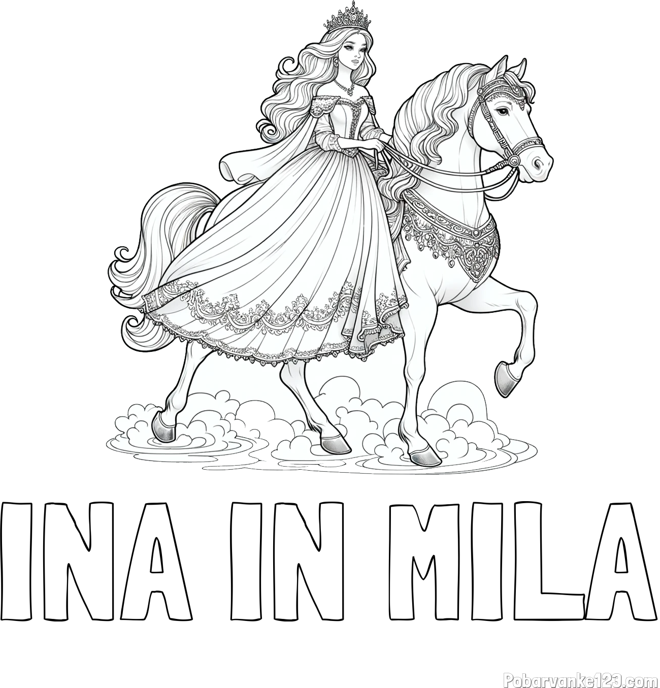 Pobarvanka imena INA IN MILA in pobarvanka princese na konju