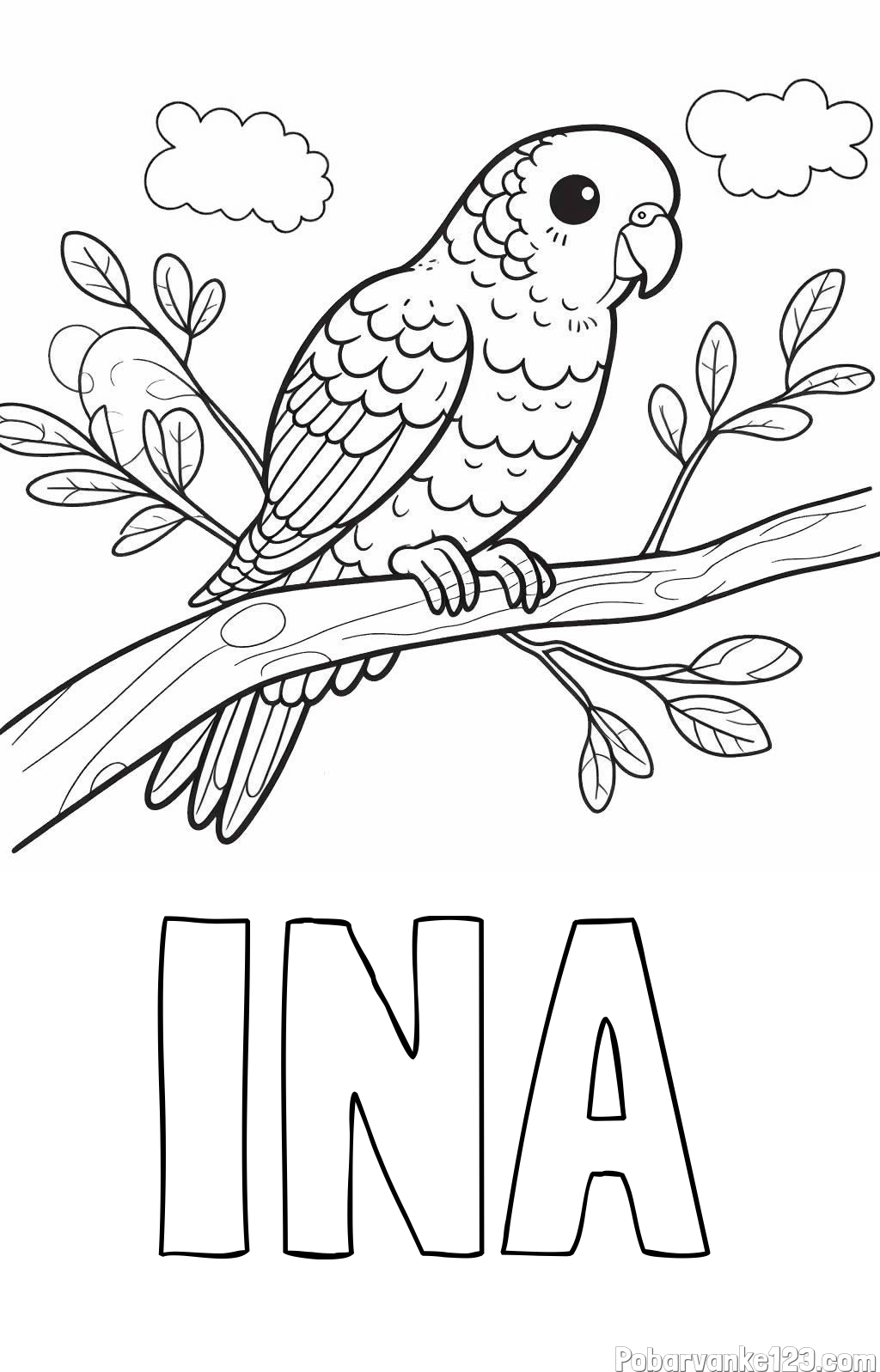 Pobarvanka imena INA in pobarvanka ljubkega kanarčka na veji