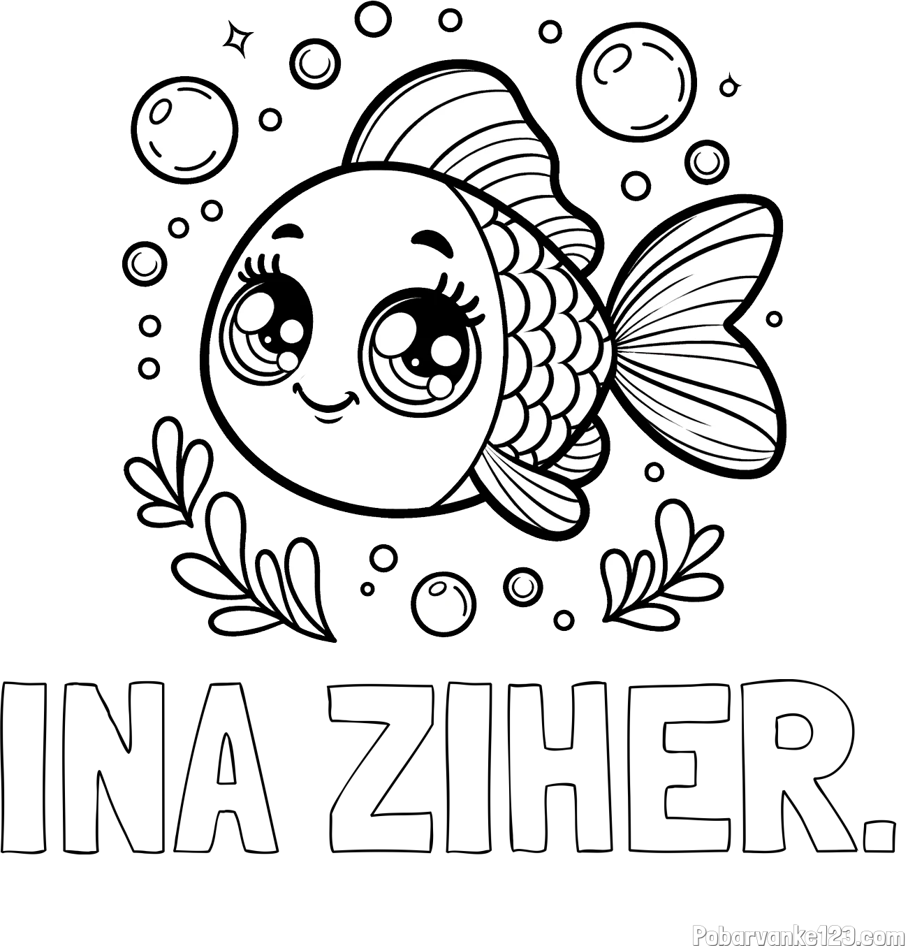 Pobarvanka imena INA ŽIHER. in pobarvanka prisrčne ribice