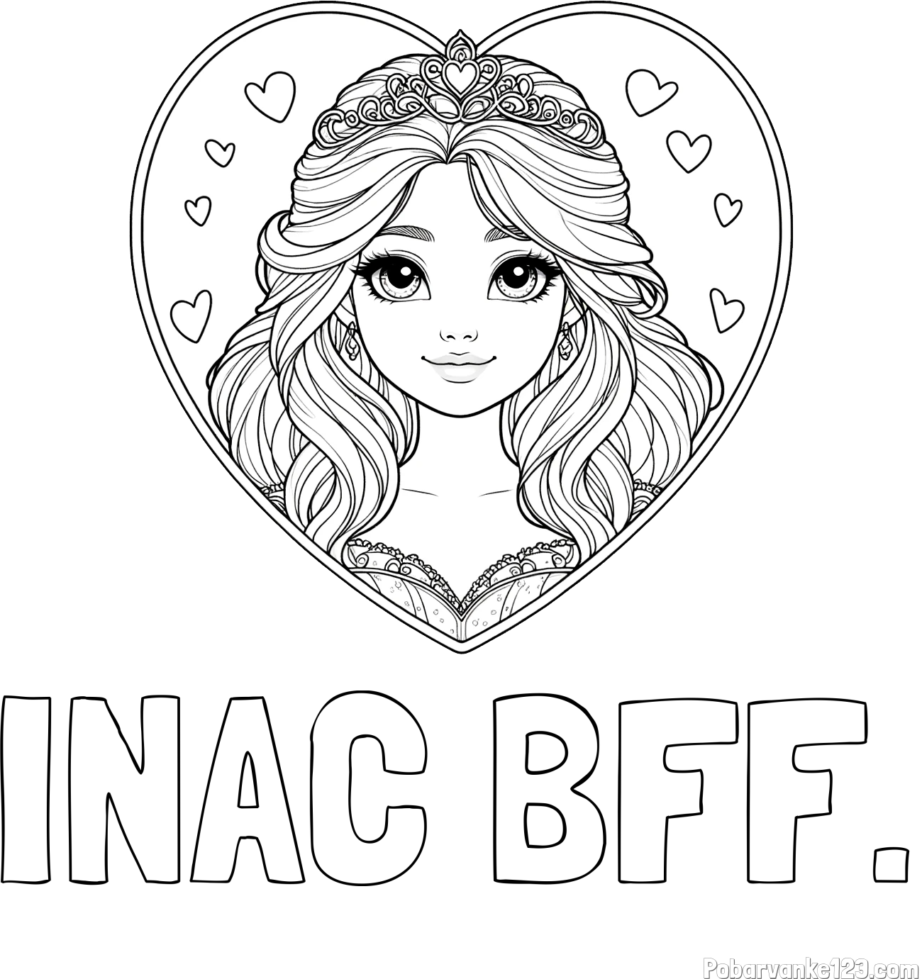 Pobarvanka imena INAC BFF. in pobarvanka princeske ter srčkov