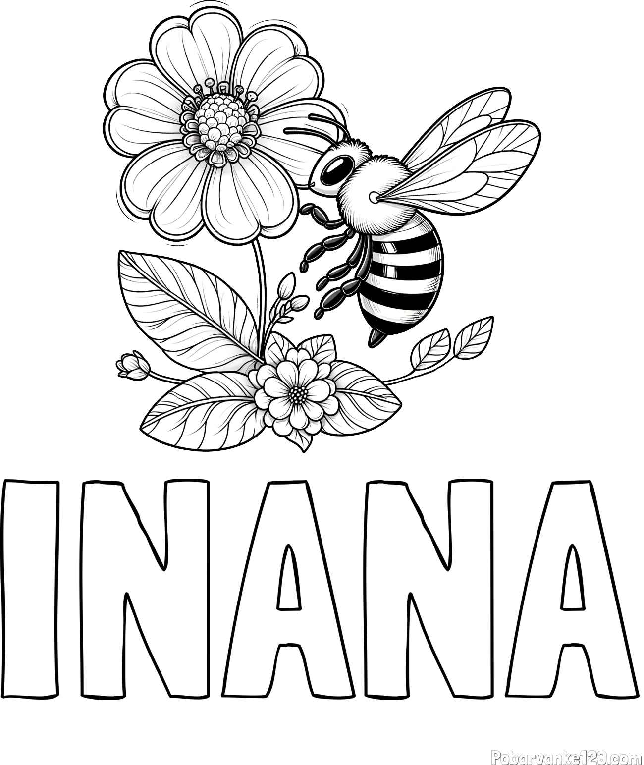 Pobarvanka imena INANA in otroška pobarvanka čebelice in rožice