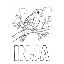 Online izdelana pobarvanka - Pobarvanka imena INJA in pobarvanka ljubkega kanarčka na veji