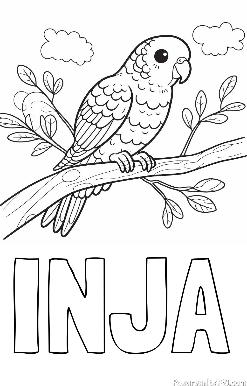 Pobarvanka imena INJA in pobarvanka ljubkega kanarčka na veji