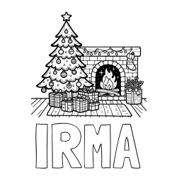 Online izdelana pobarvanka - Pobarvanka imena IRMA in pobarvanka božične noči z božično smrečico, darili ter kaminom