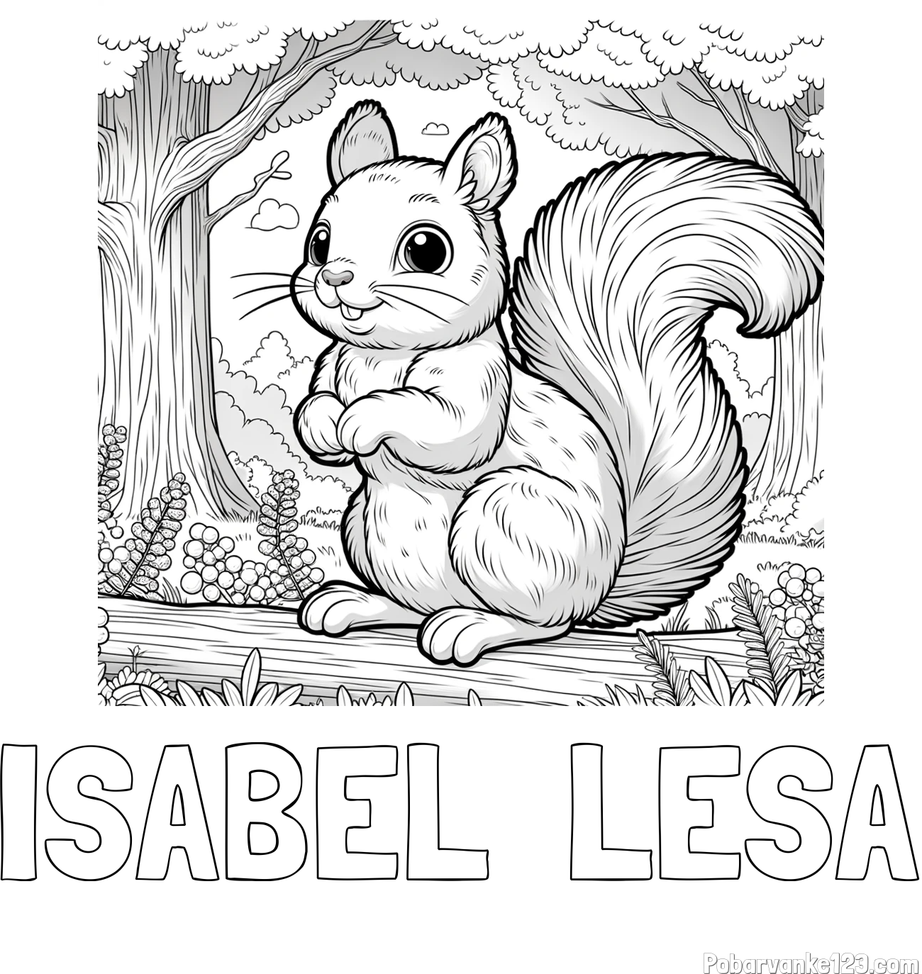Pobarvanka imena ISABEL  LESA in pobarvanka veverice v gozdu