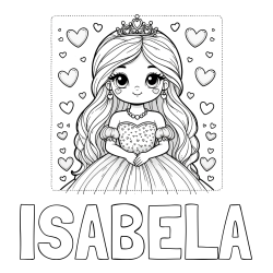 Online izdelana pobarvanka - Pobarvanka imena ISABELA in pobarvanka ljubke princese obdane s srčki