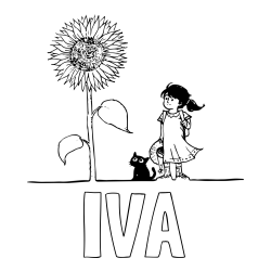 Online izdelana pobarvanka - Pobarvanka imena IVA in pobarvanka velike sončnice, deklice in ljubkega mačka