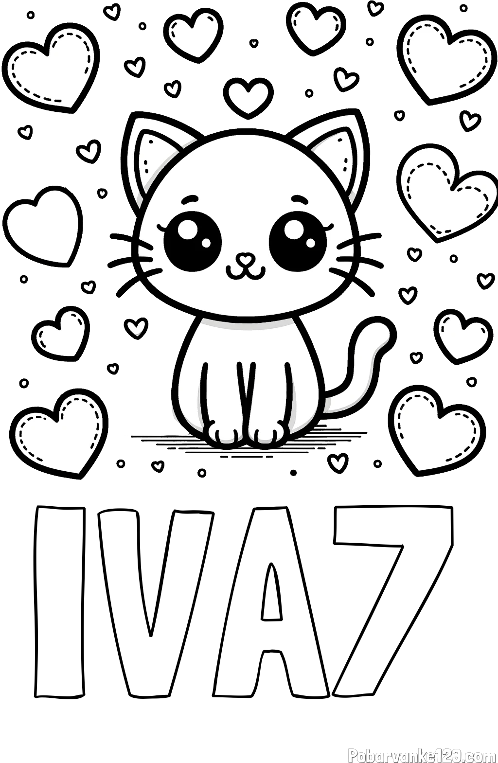Pobarvanka imena IVA7 in pobarvanka ljubke mucke obdane z veliko srčki